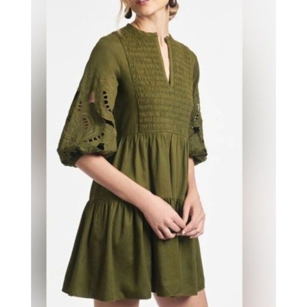 Sachin + Babi Kendall Eyelet Tiered Mini Dress Olive Green Size S NWT